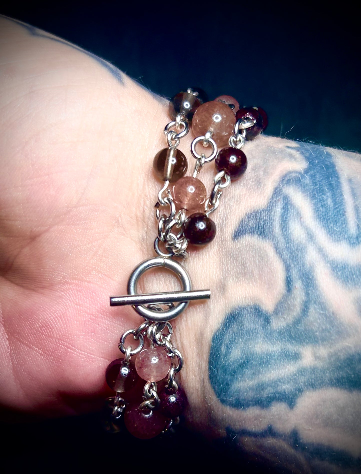 Trinity Bracelet in Garnet, Strawberry Quartz & Smoky Quartz
