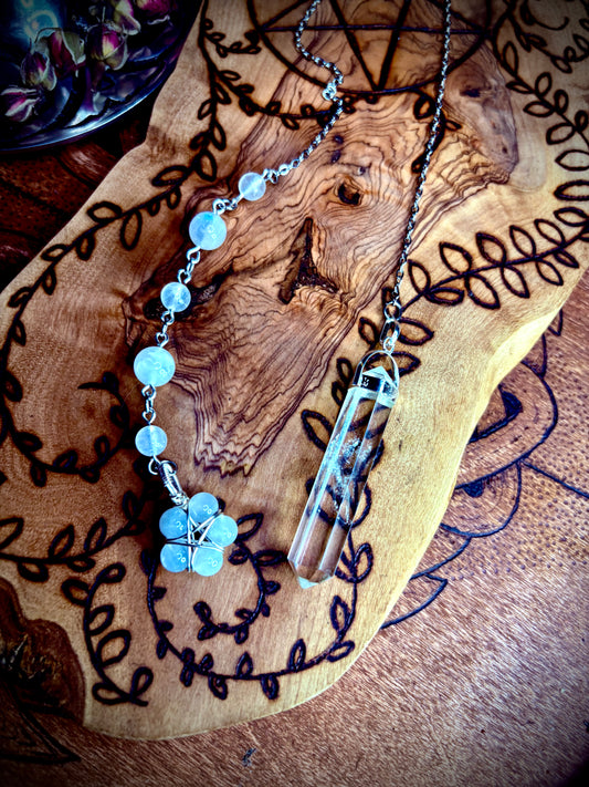 Burnt Raven x Magick Duke Quartz & Blue Flash Moonstone Pendulum