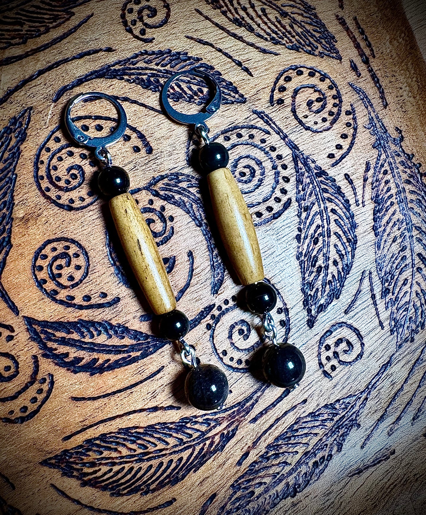 Antiqued Bone & Silver Sheen Obsidian Earrings