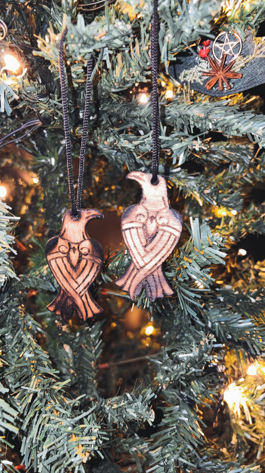 Huginn & Muninn Wooden Raven Ornaments – Set of 2