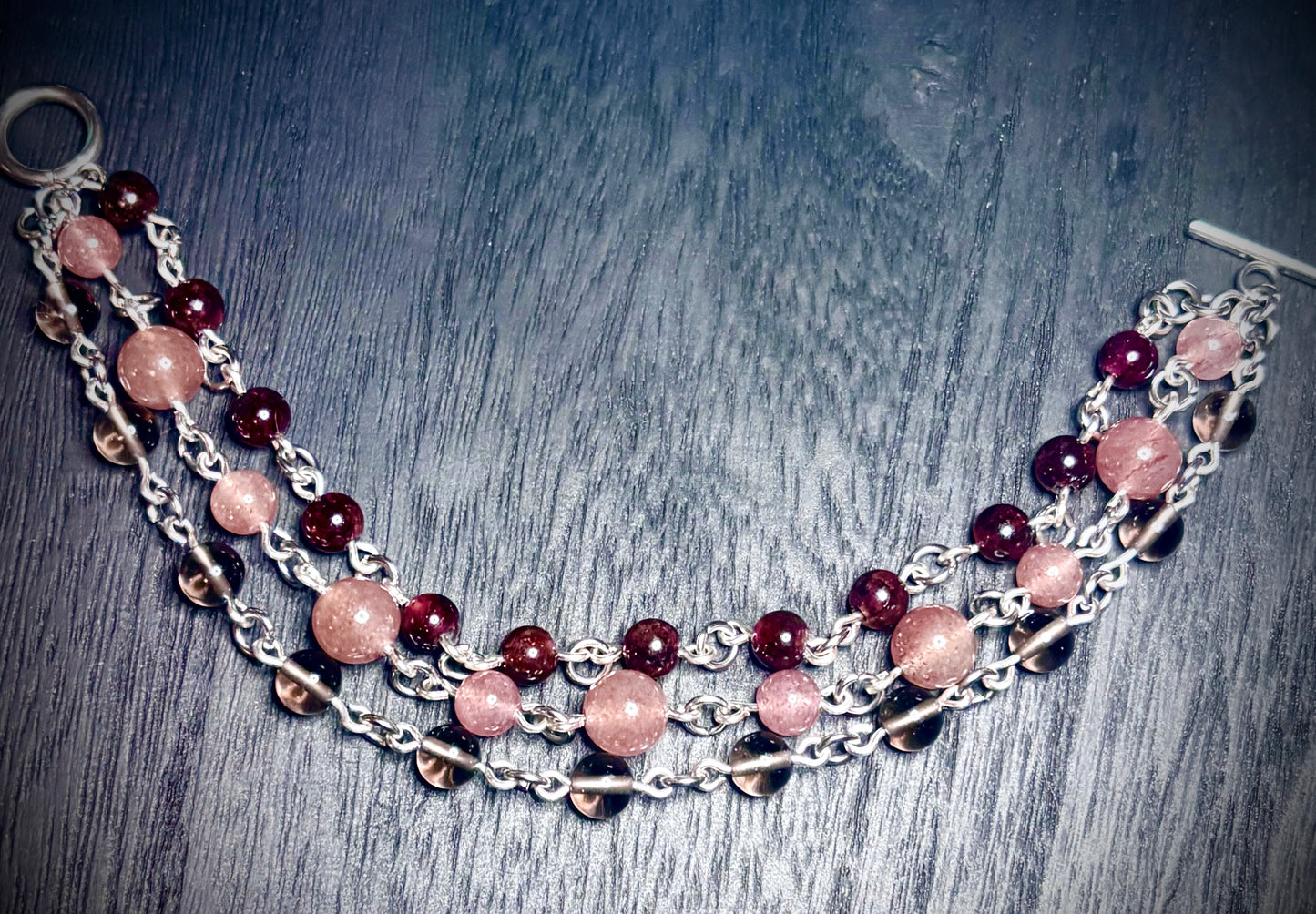 Trinity Bracelet in Garnet, Strawberry Quartz & Smoky Quartz