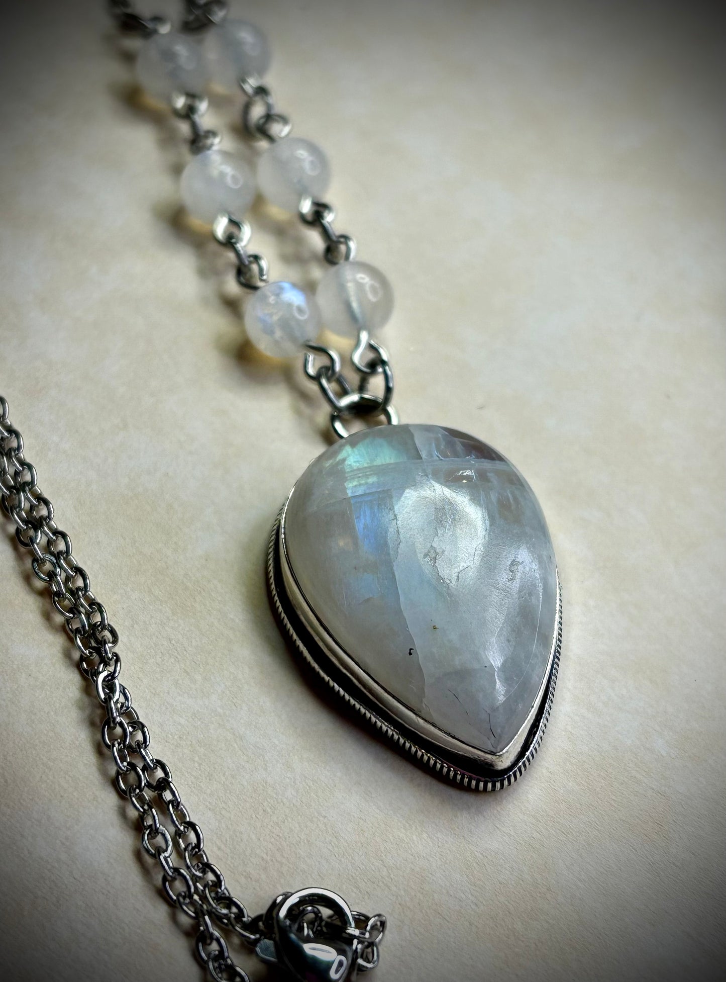 Inverted Teardrop Rainbow Moonstone Necklace 2