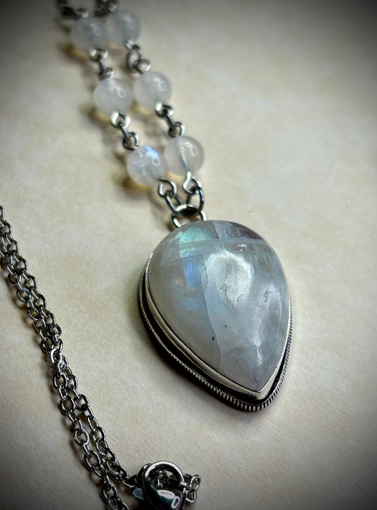 Inverted Teardrop Rainbow Moonstone Necklace 2