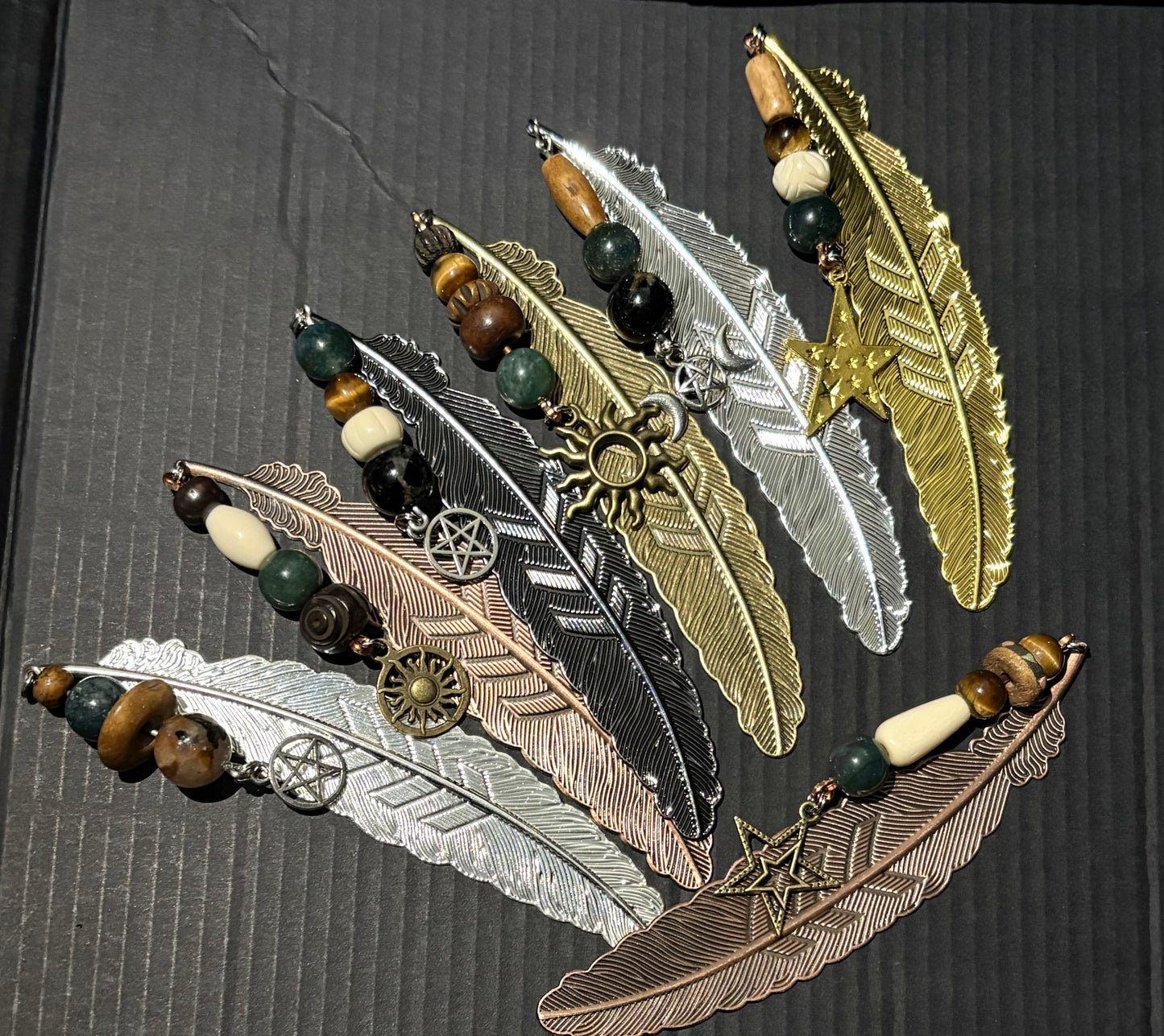 Metal Feather Bookmarks (Buffalo Bone + Gemstone Beads) random