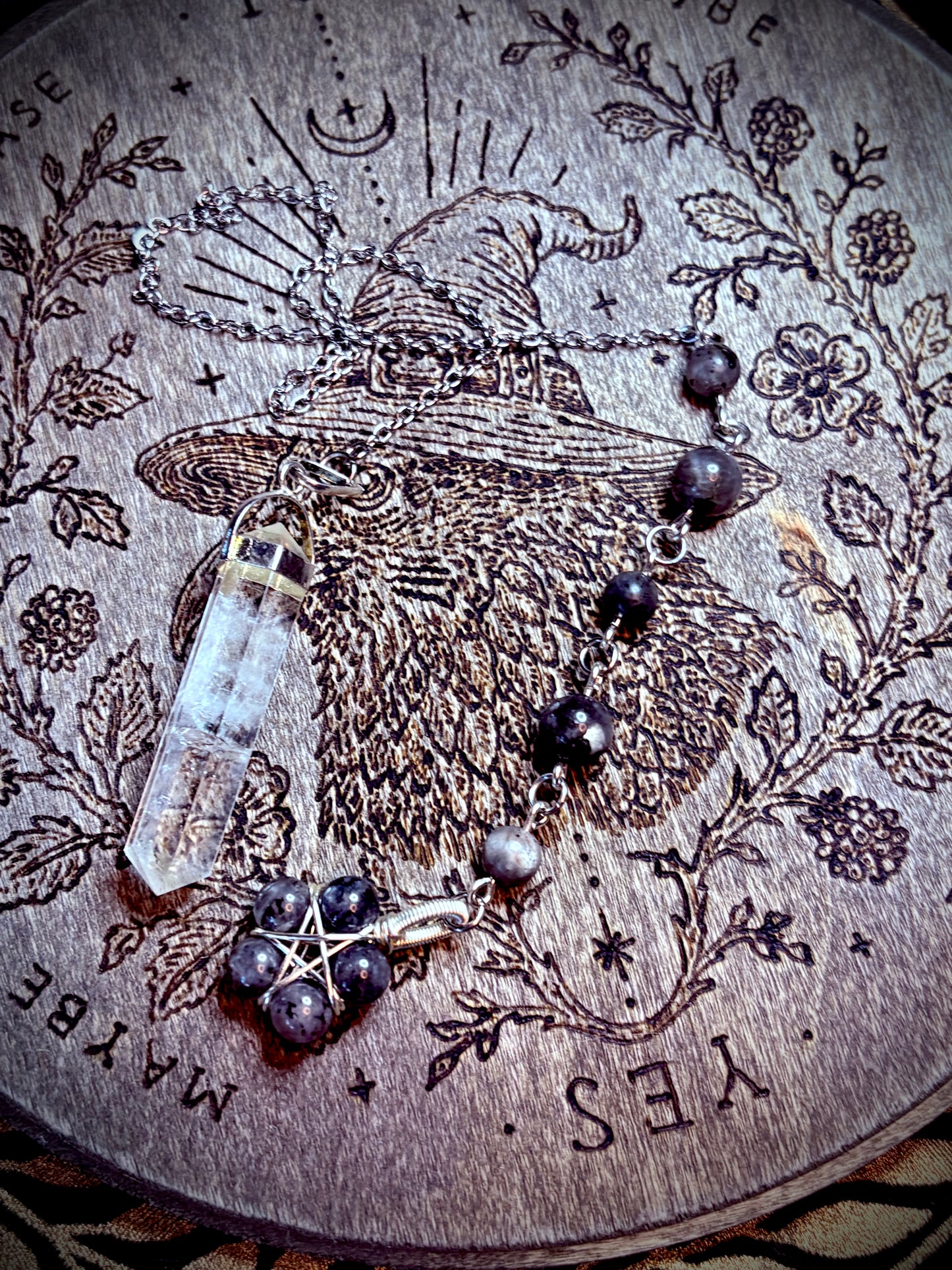 Burnt Raven x Magick Duke Quartz & Larvakite “Black Moonstone” Pendulum