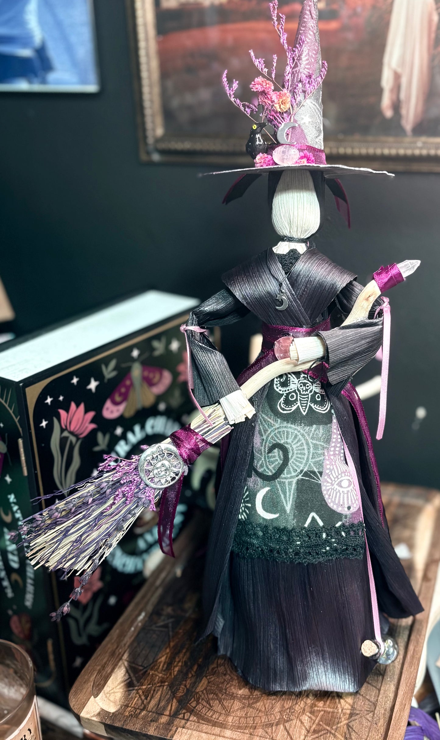 Crescent & Crystal — One-of-a-Kind Corn Husk Witch