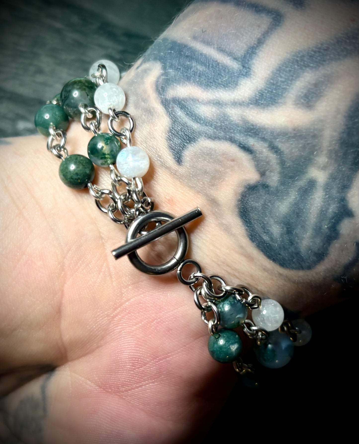 Moss Agate & Moonstone Trinity Bracelet
