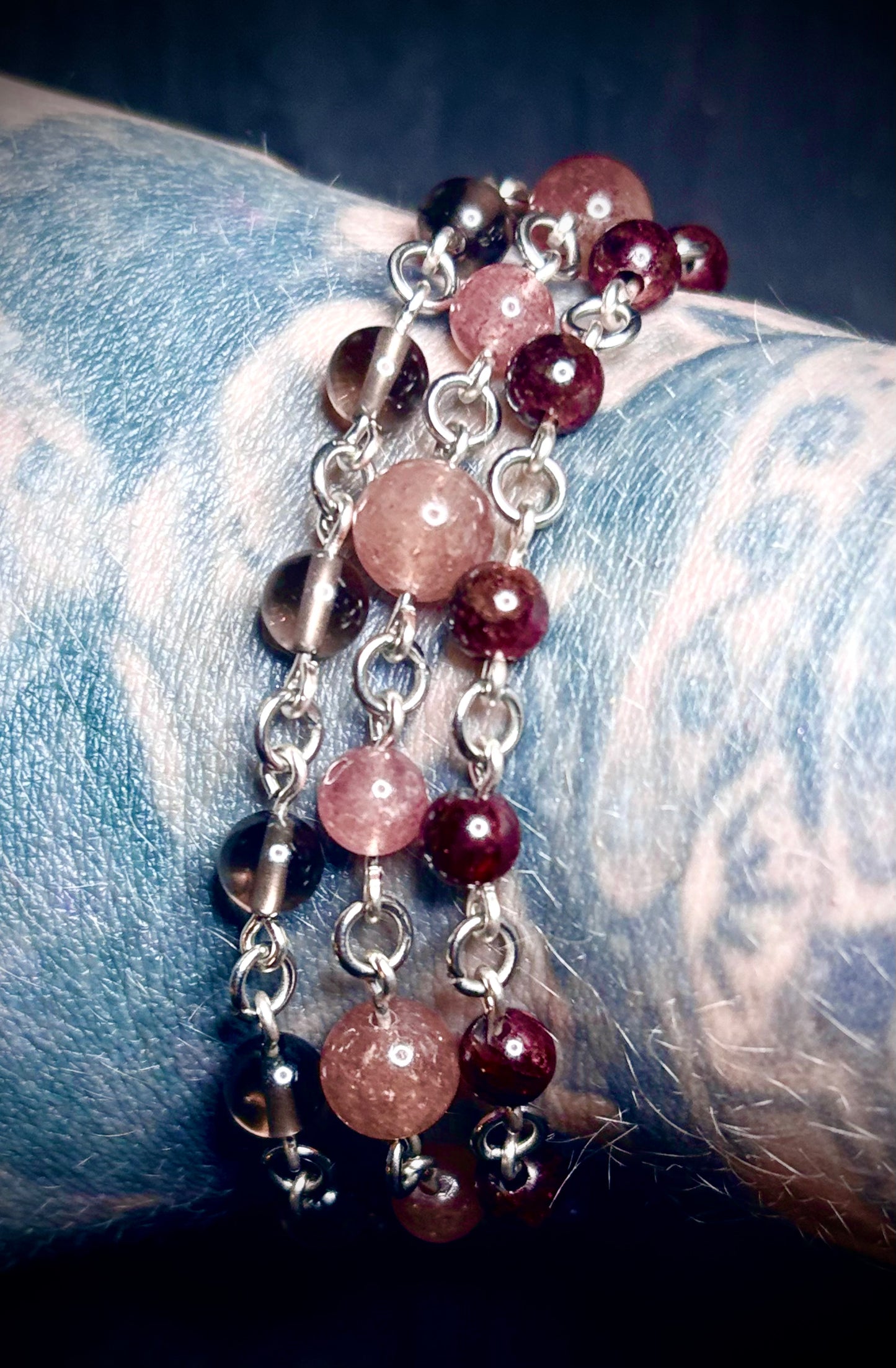 Trinity Bracelet in Garnet, Strawberry Quartz & Smoky Quartz