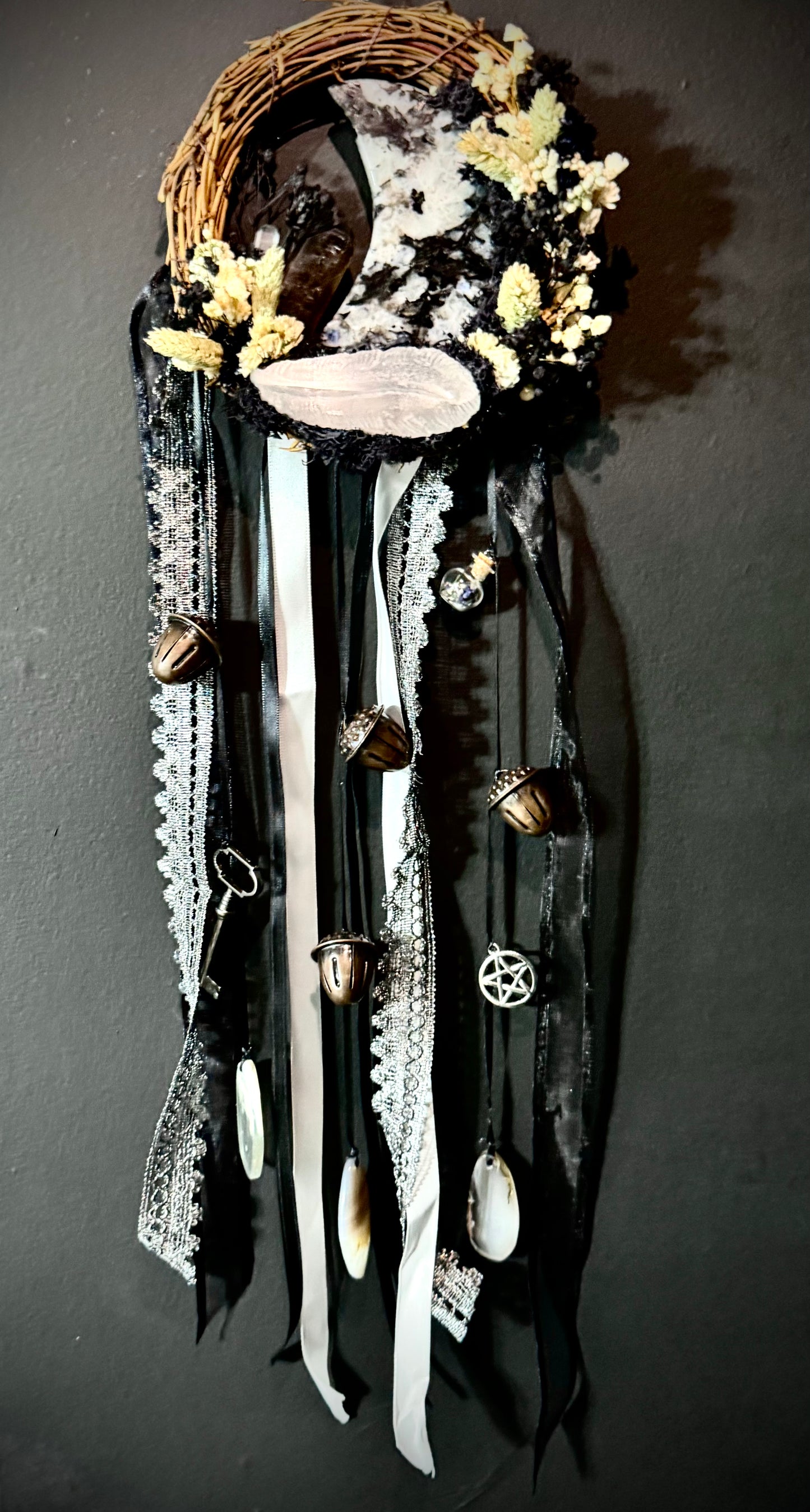 Ashen Moonfeather Witch Bell Wreath