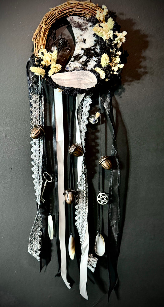 Ashen Moonfeather Witch Bell Wreath