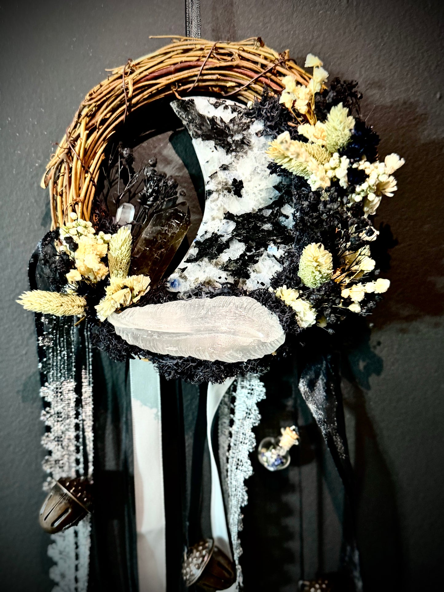 Ashen Moonfeather Witch Bell Wreath