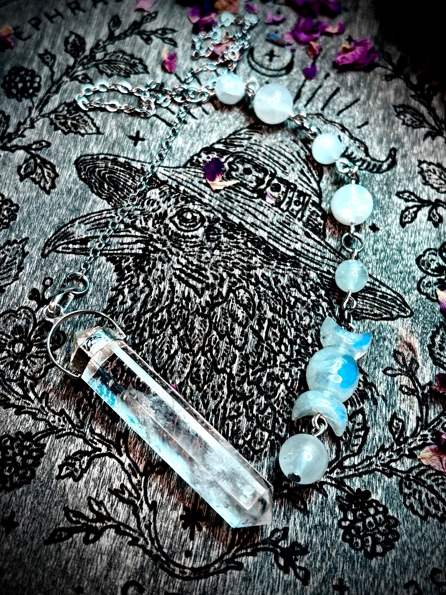 Triple Moon Rainbow Moonstone & Quartz Pendulum