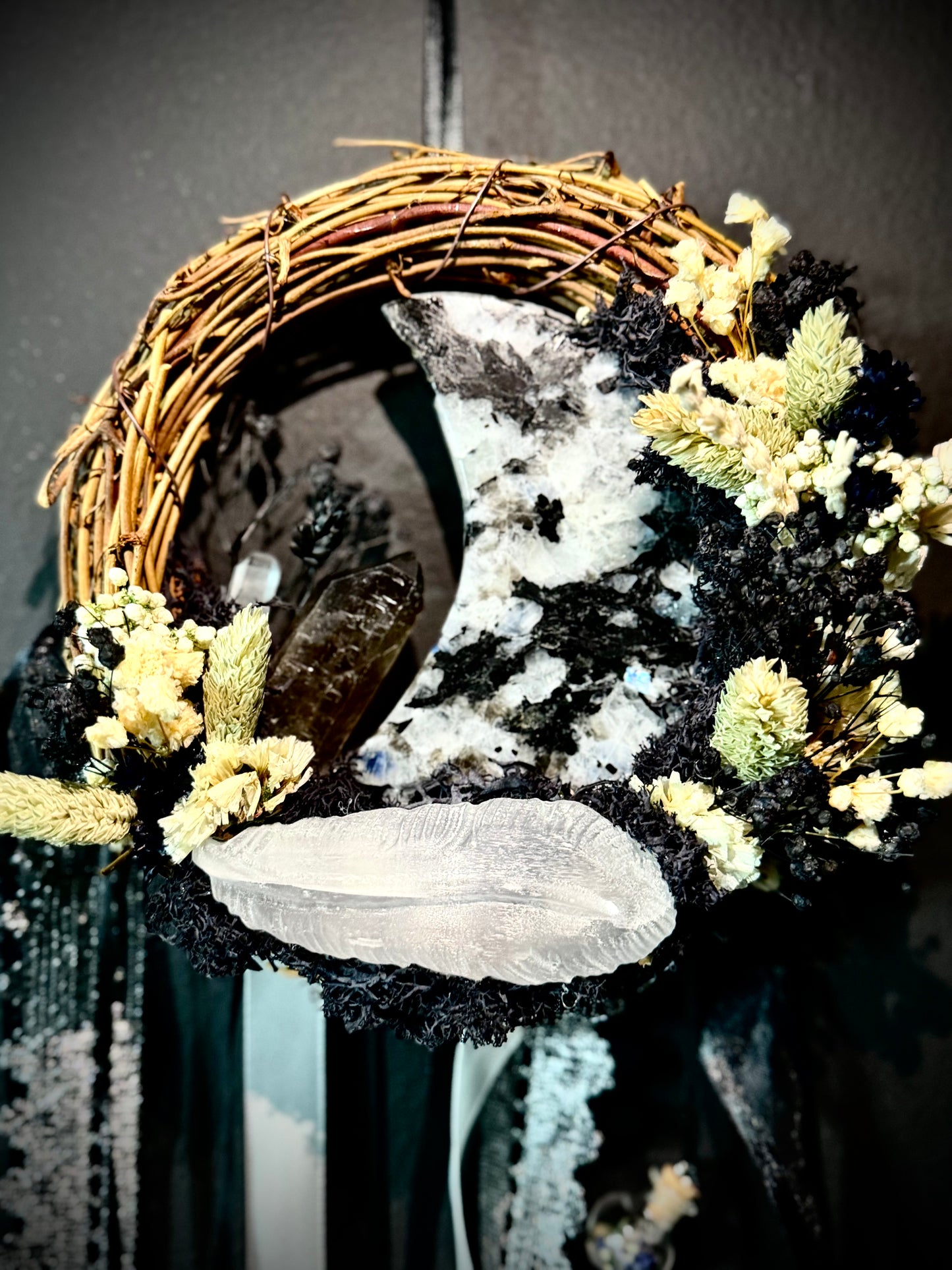 Ashen Moonfeather Witch Bell Wreath