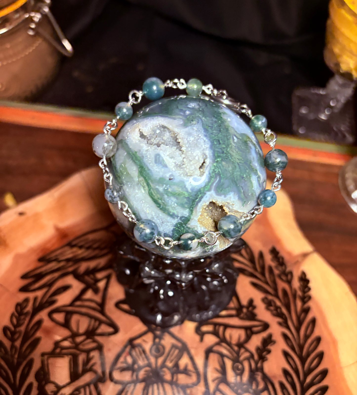 Natural Moss Agate Stainless Steel Bracelet