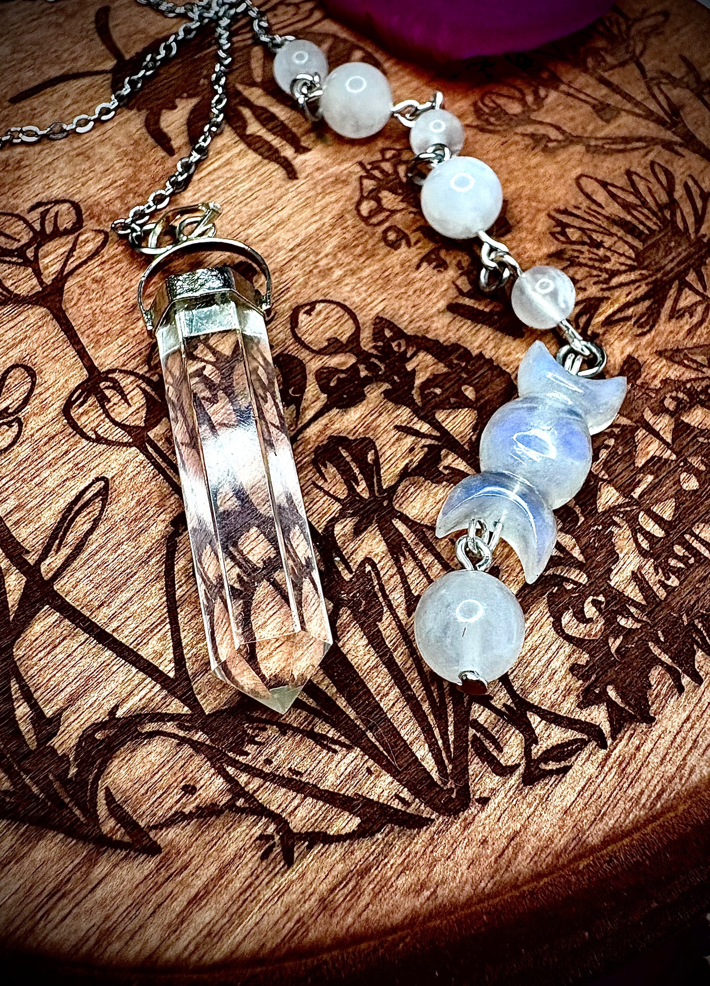 Triple Moon Rainbow Moonstone & Quartz Pendulum