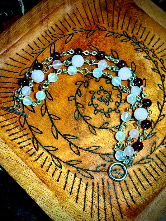 Rose Quartz, Garnet & Moonstone Trinity Bracelet