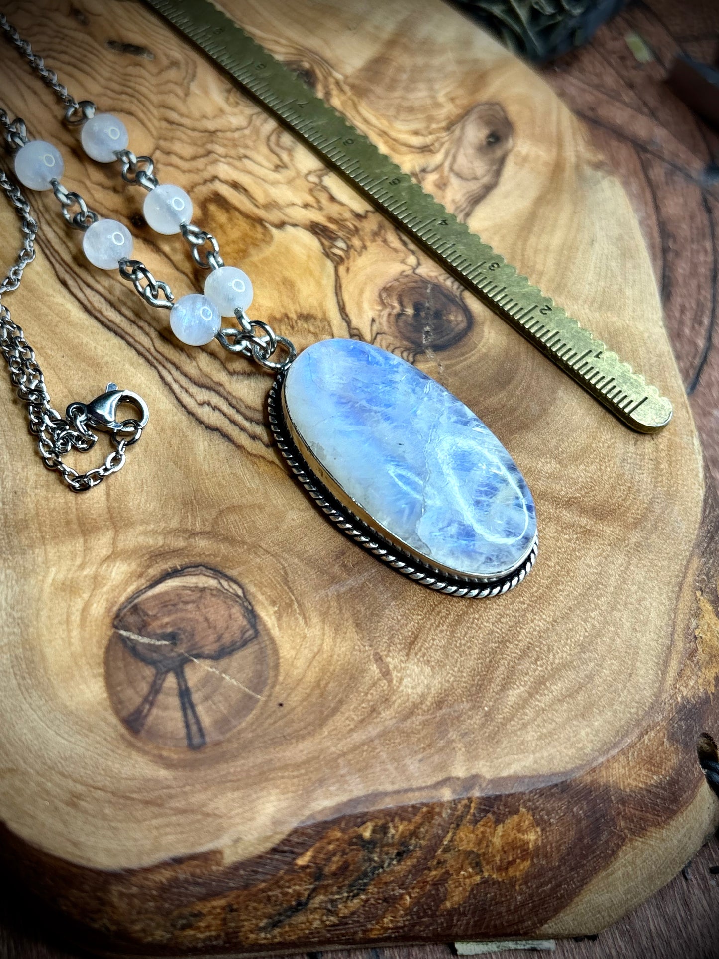 Large Blue Flash Rainbow Moonstone Oval Necklace