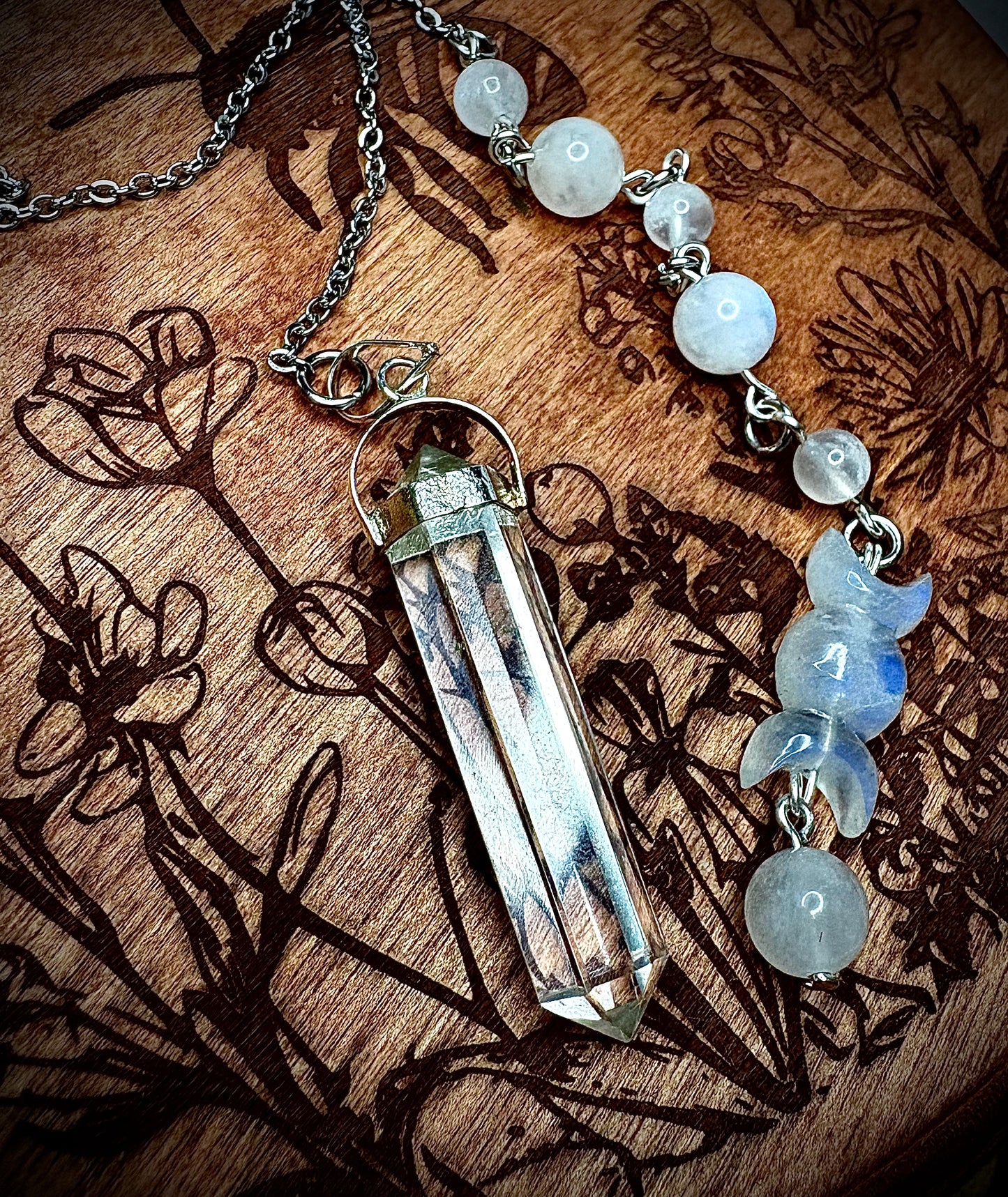 Triple Moon Rainbow Moonstone & Quartz Pendulum