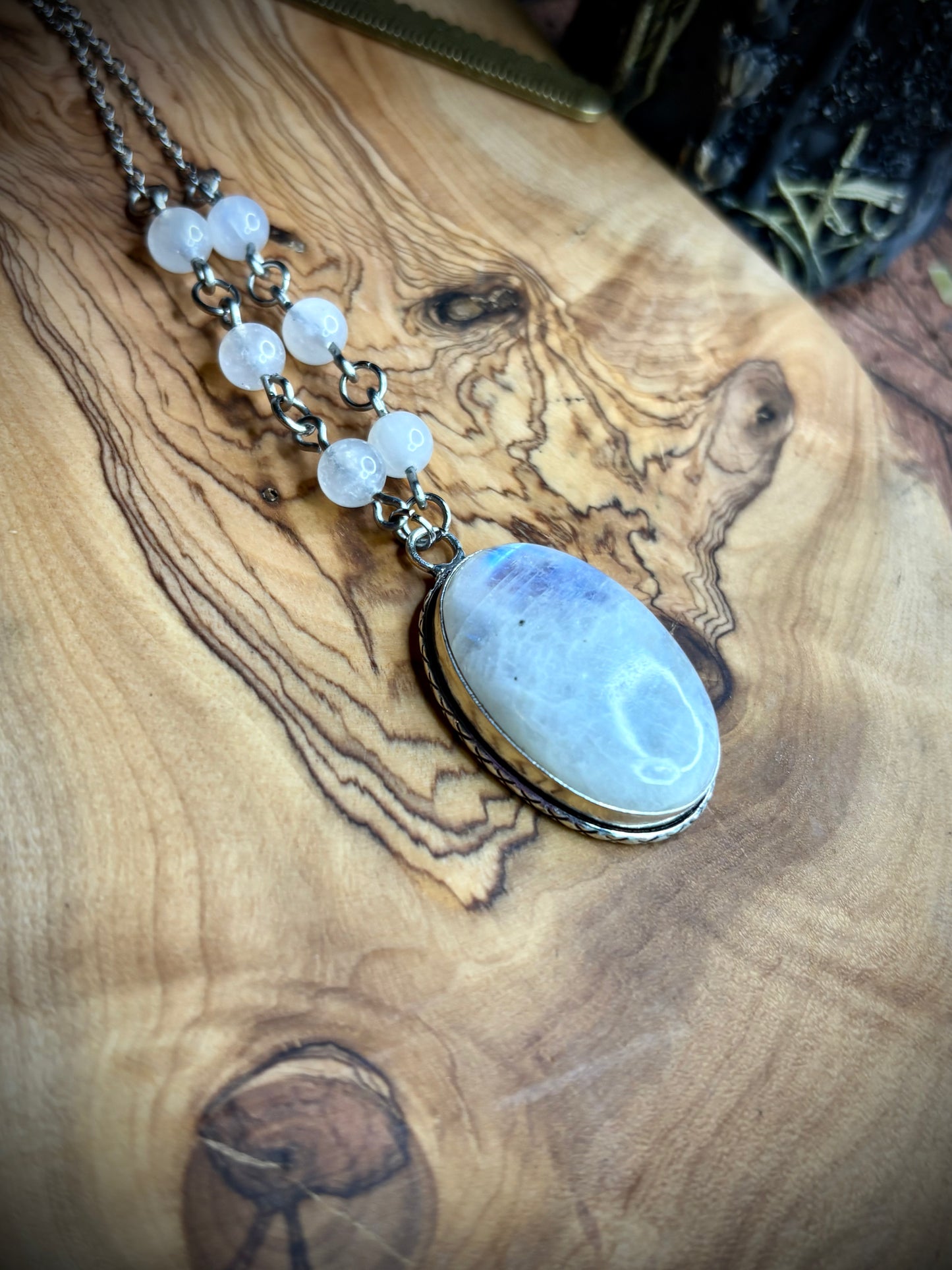 Elongated Oval Rainbow Moonstone Necklace