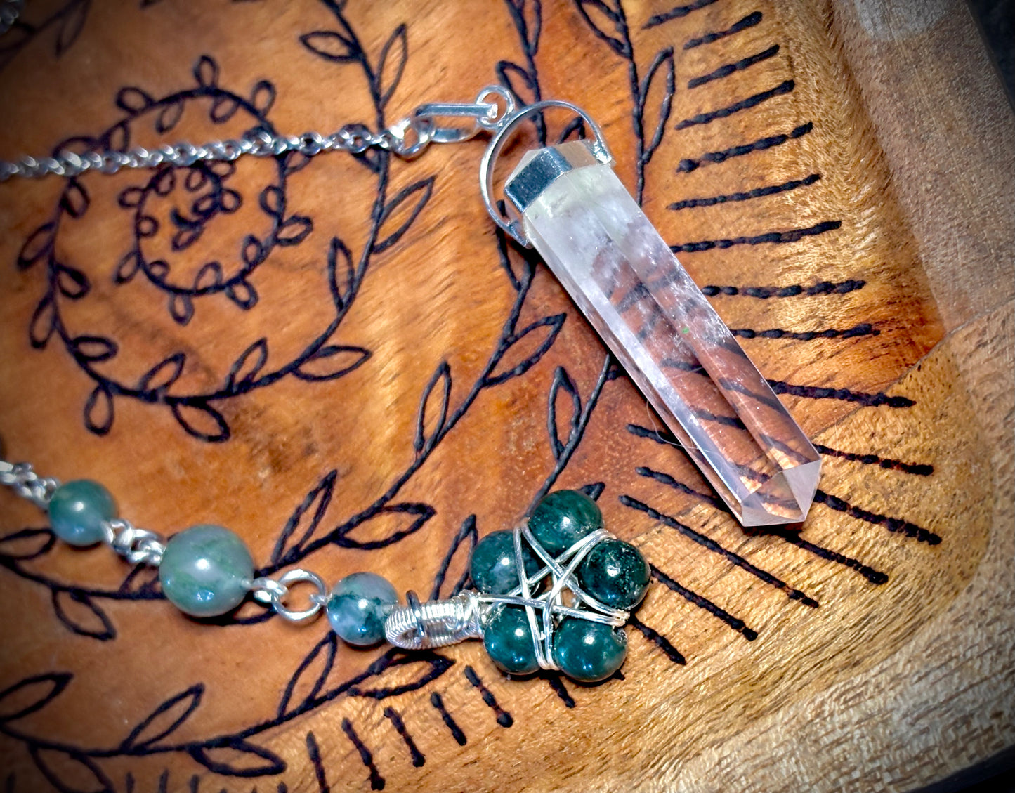 Burnt Raven x Magick Duke Quartz & Moss Agate Pendulum