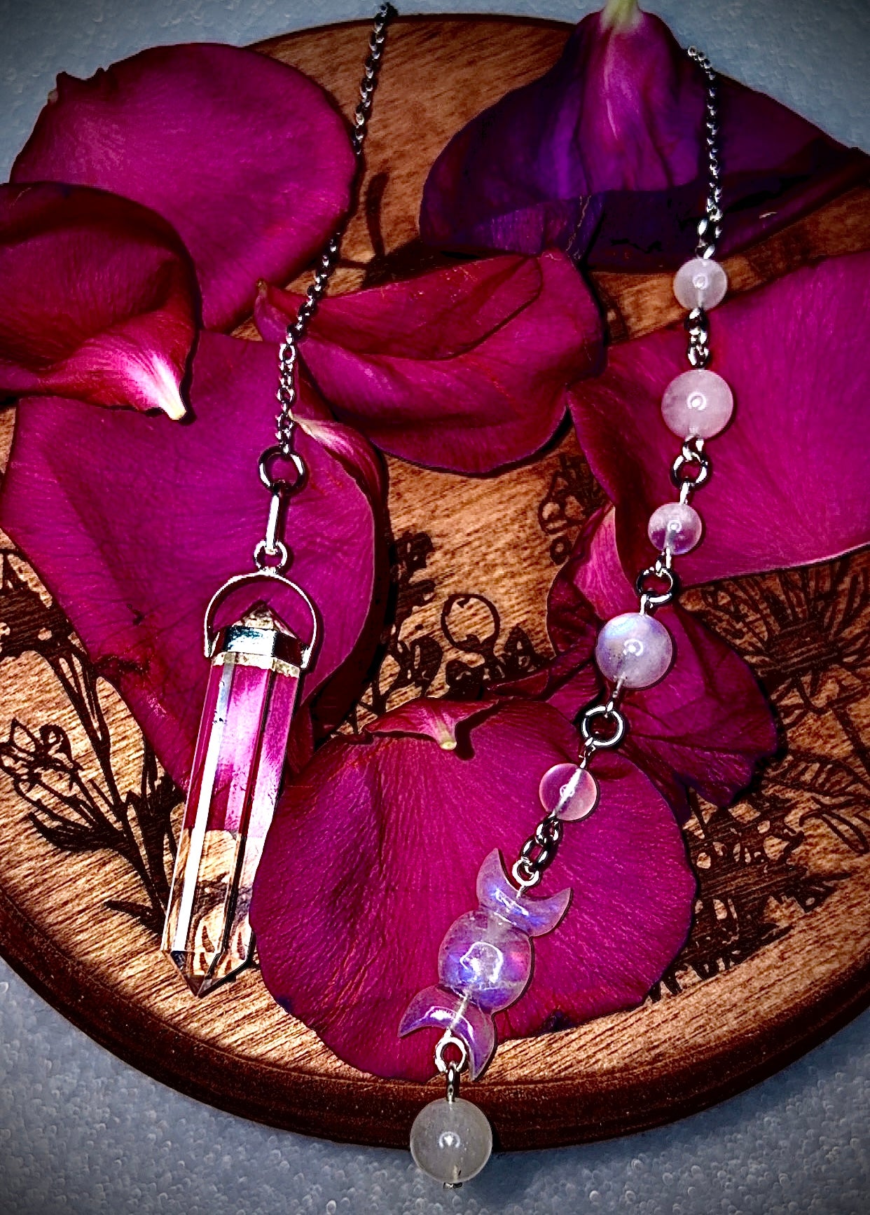 Triple Moon Rainbow Moonstone & Quartz Pendulum