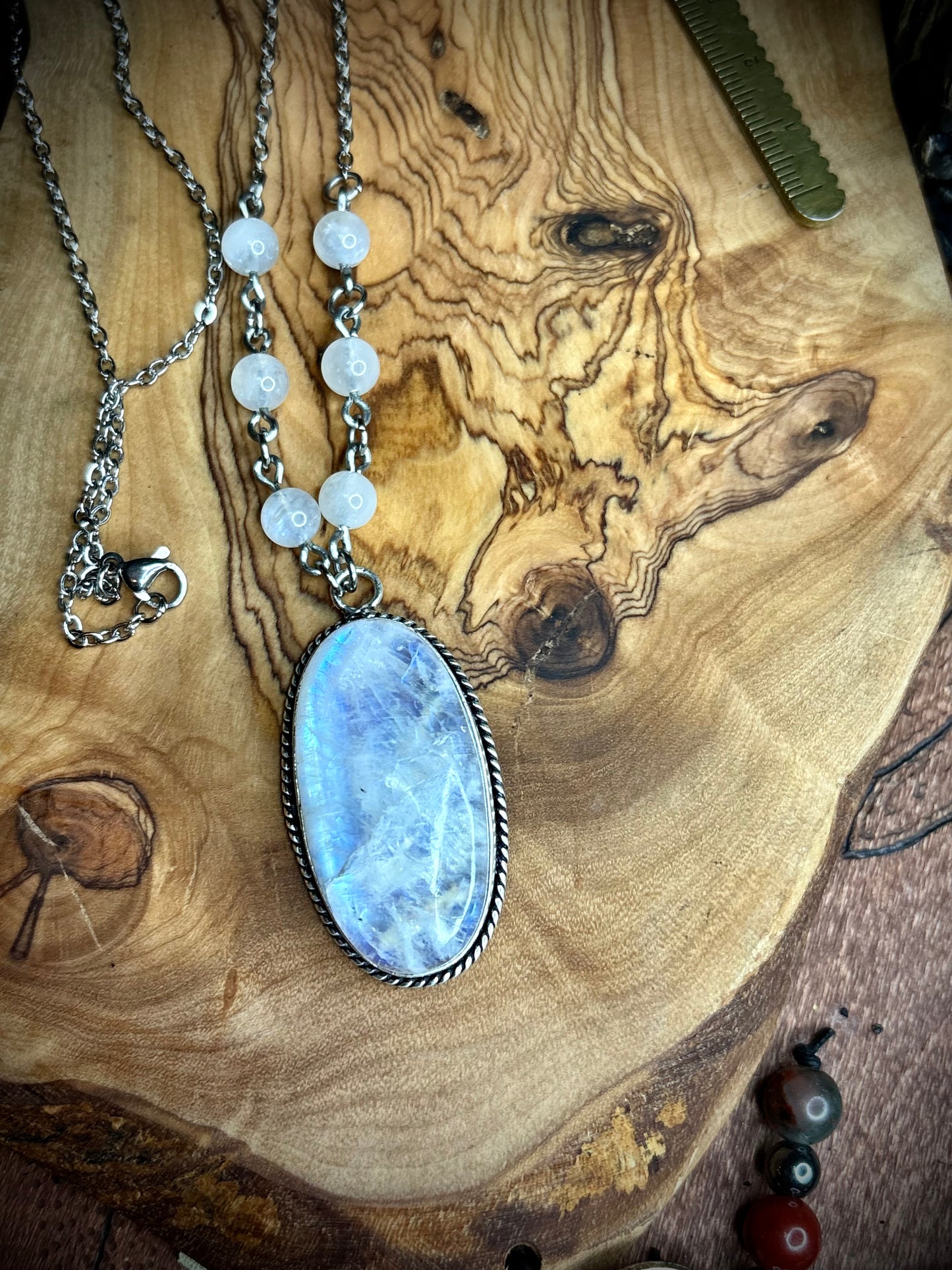 Large Blue Flash Rainbow Moonstone Oval Necklace