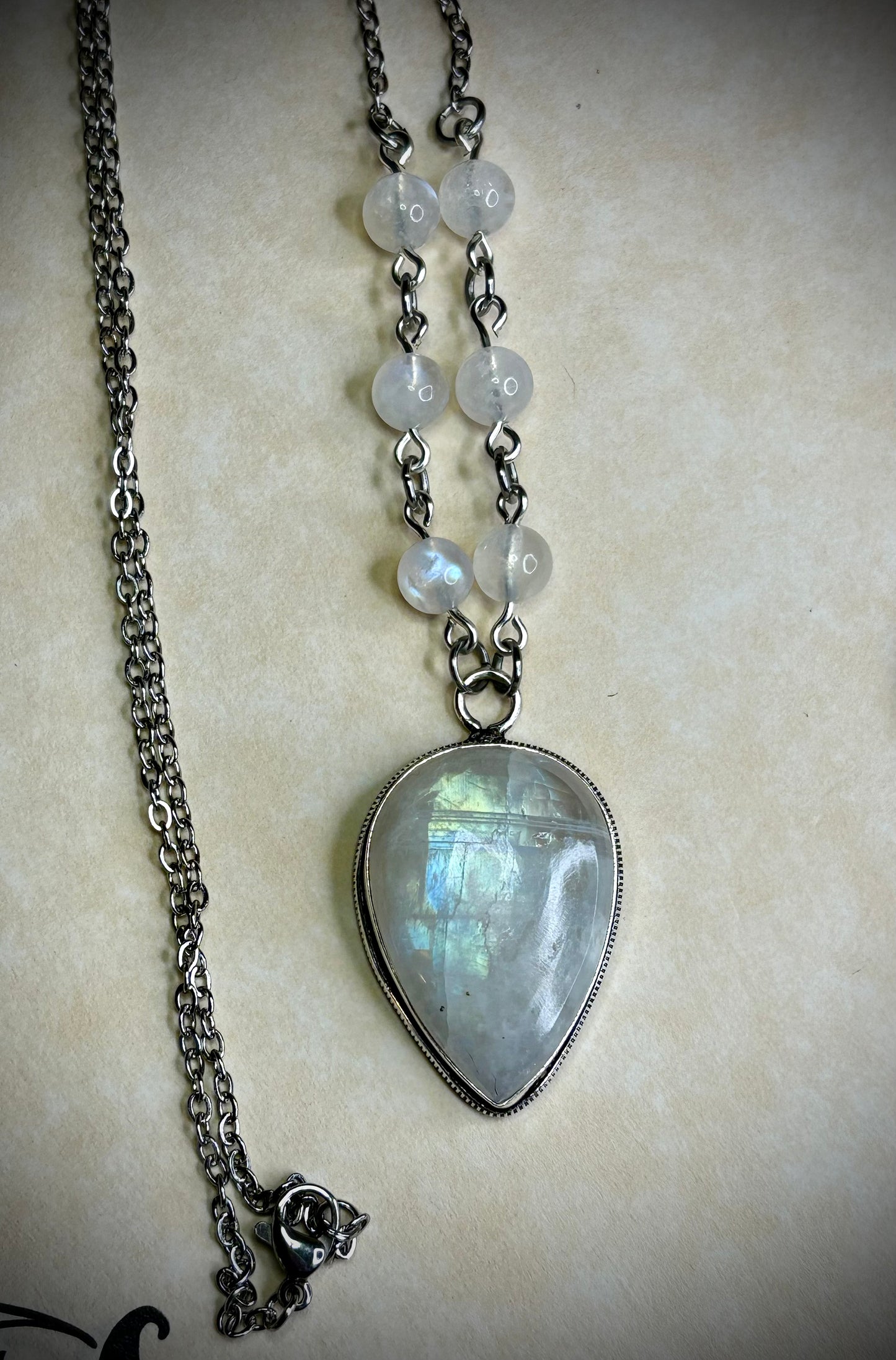 Inverted Teardrop Rainbow Moonstone Necklace 2