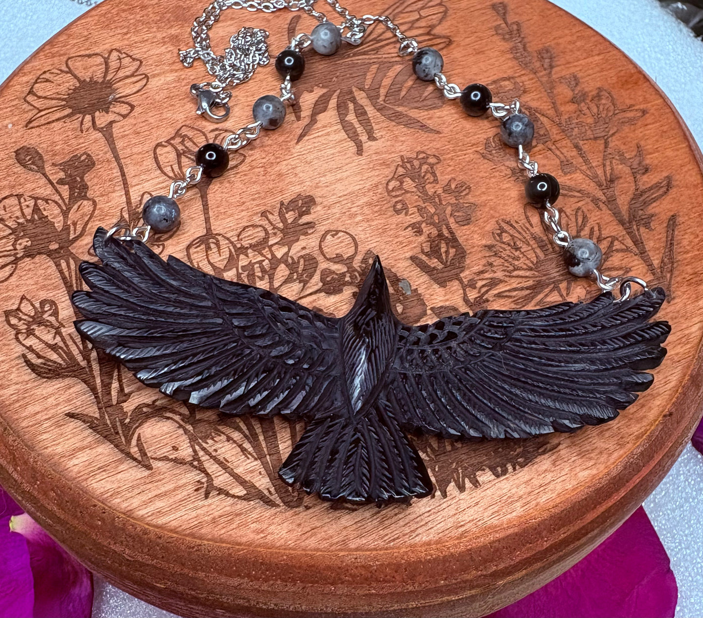 Carved Raven Buffalo Horn Necklace