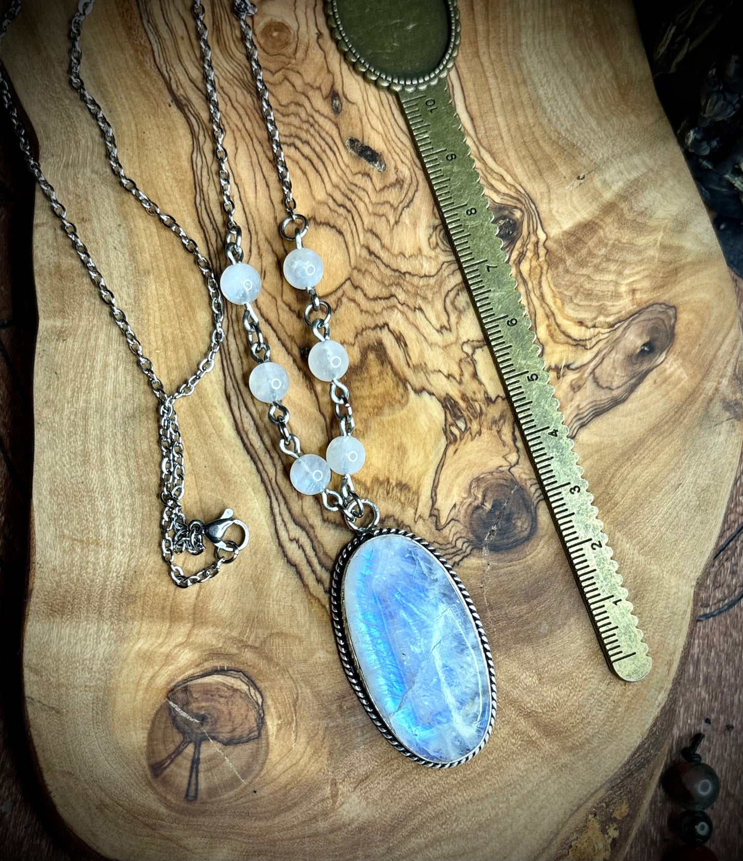 Large Blue Flash Rainbow Moonstone Oval Necklace