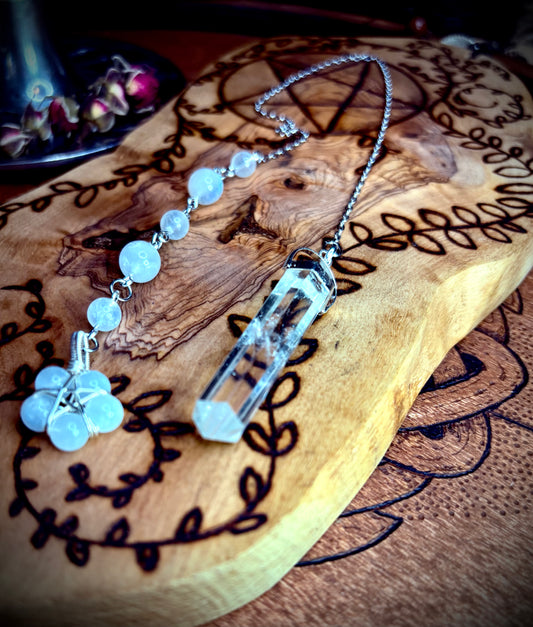 Burnt Raven x Magick Duke Quartz & Blue Flash Moonstone Pendulum