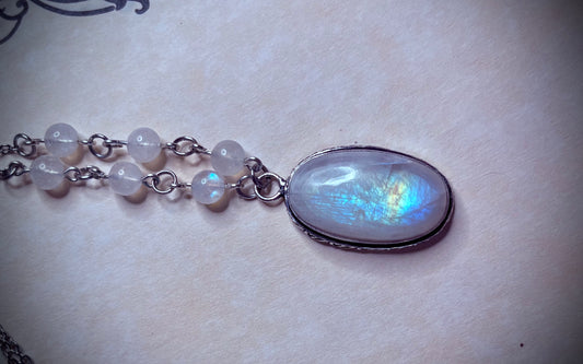 Rainbow Moonstone Oval Necklace