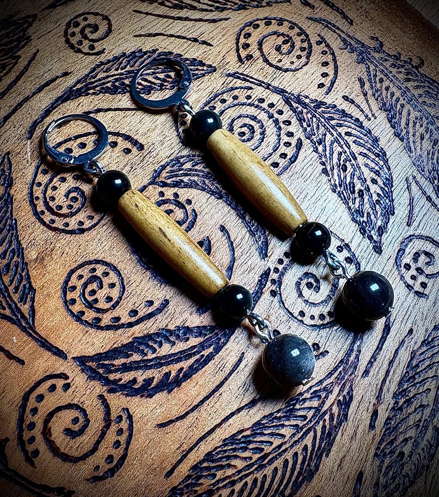 Antiqued Bone & Silver Sheen Obsidian Earrings