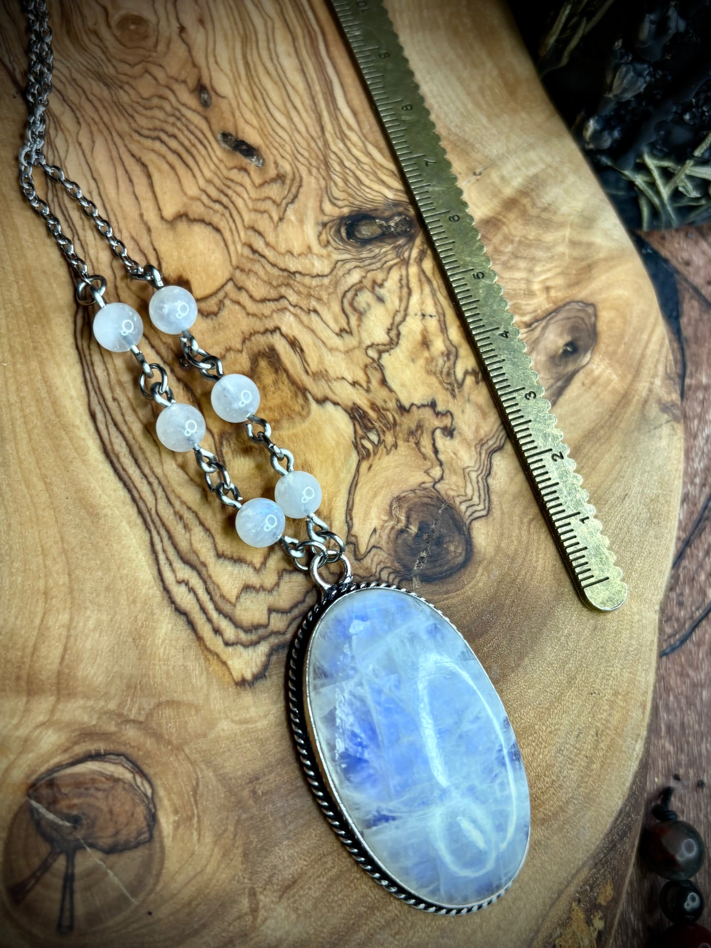 Elongated Oval Rainbow Moonstone Necklace