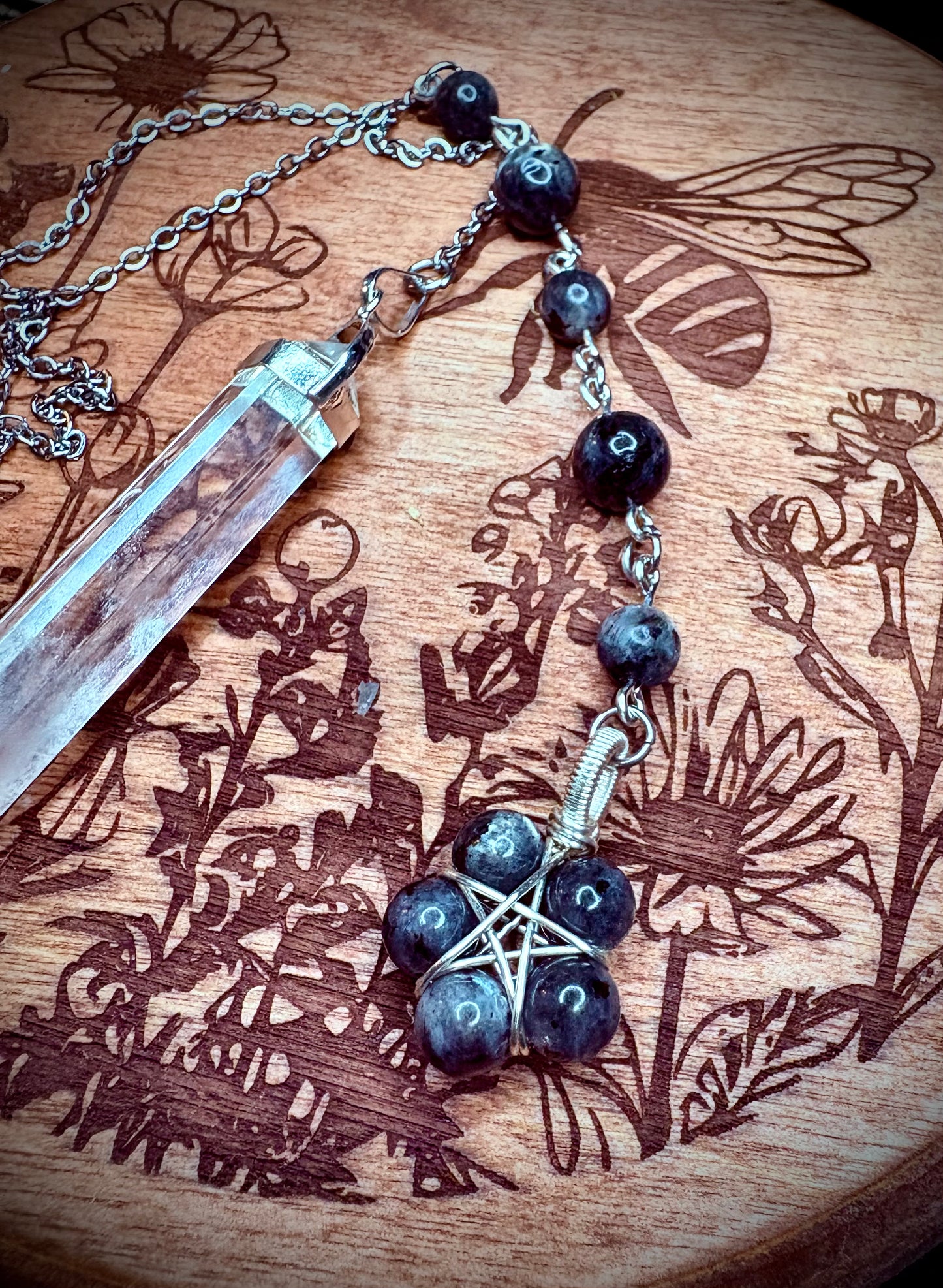 Burnt Raven x Magick Duke Quartz & Larvakite “Black Moonstone” Pendulum