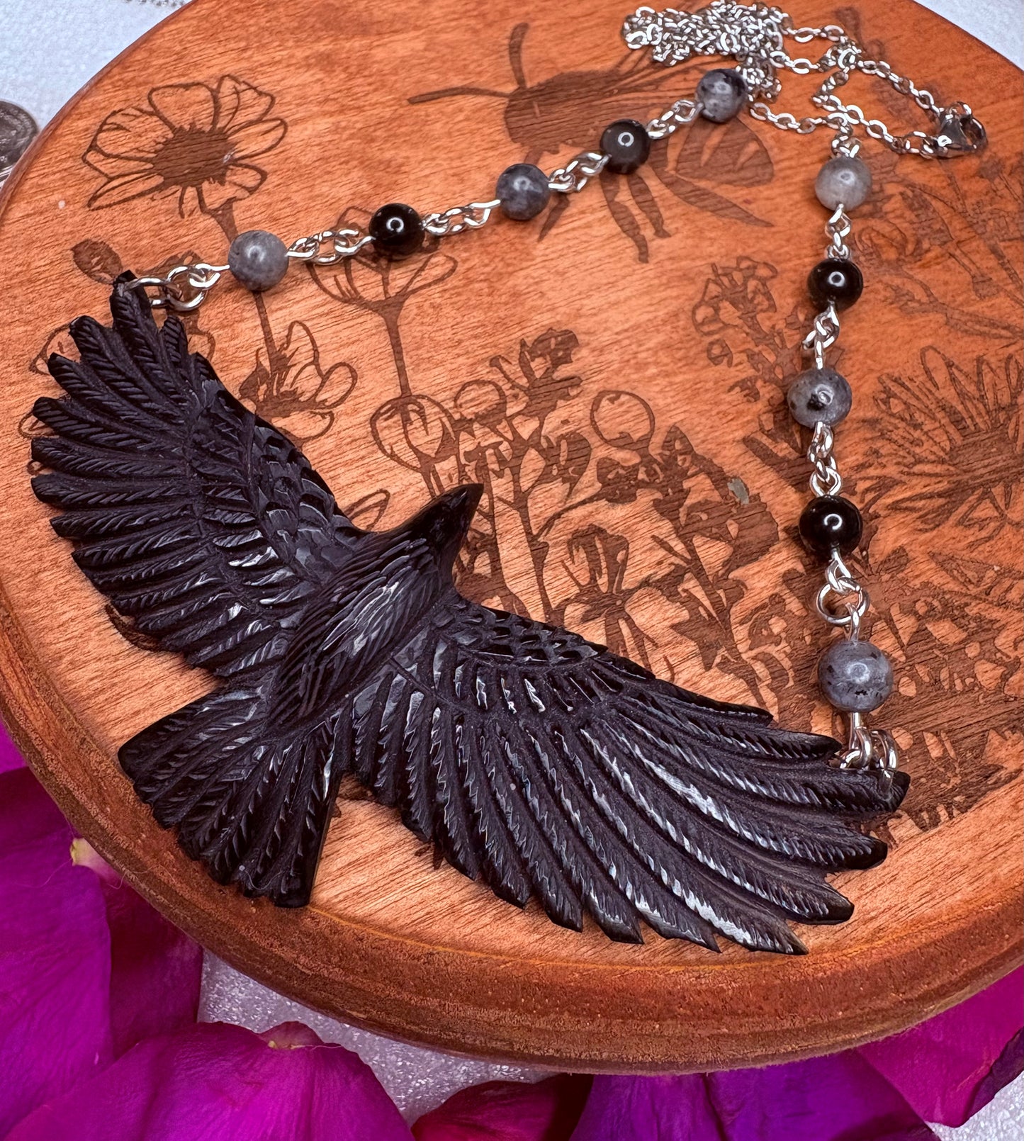 Carved Raven Buffalo Horn Necklace