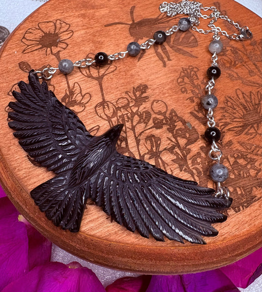 Carved Raven Buffalo Horn Necklace