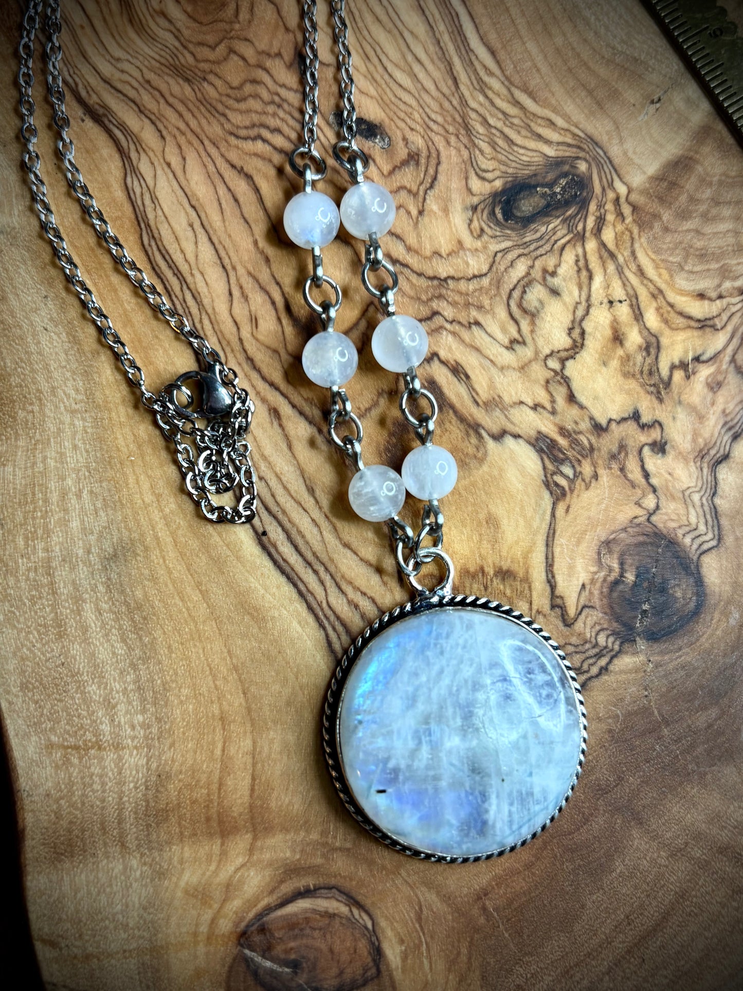 Large Round Rainbow Moonstone Necklace