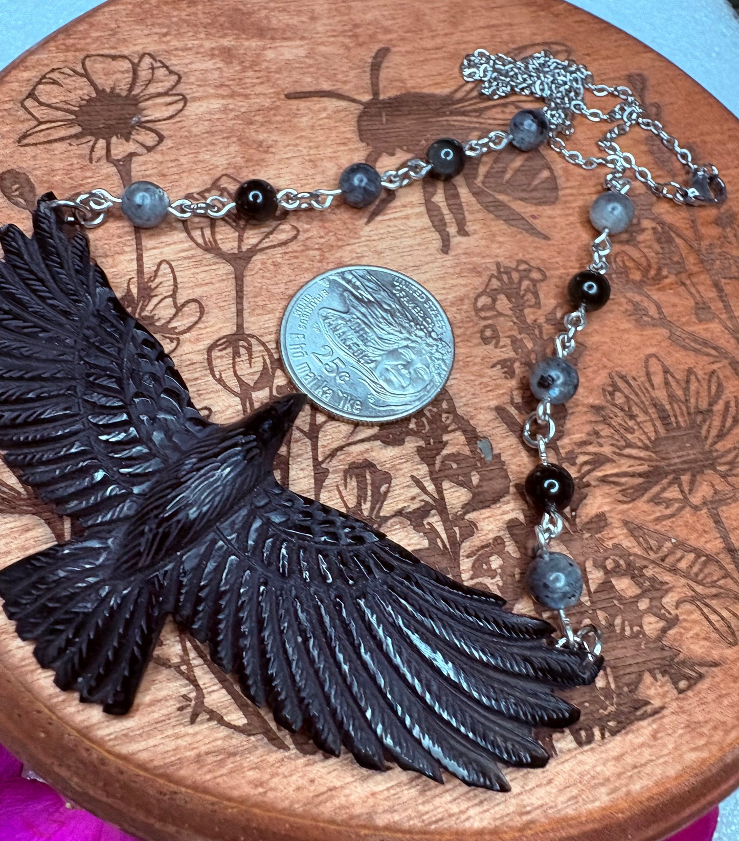 Carved Raven Buffalo Horn Necklace