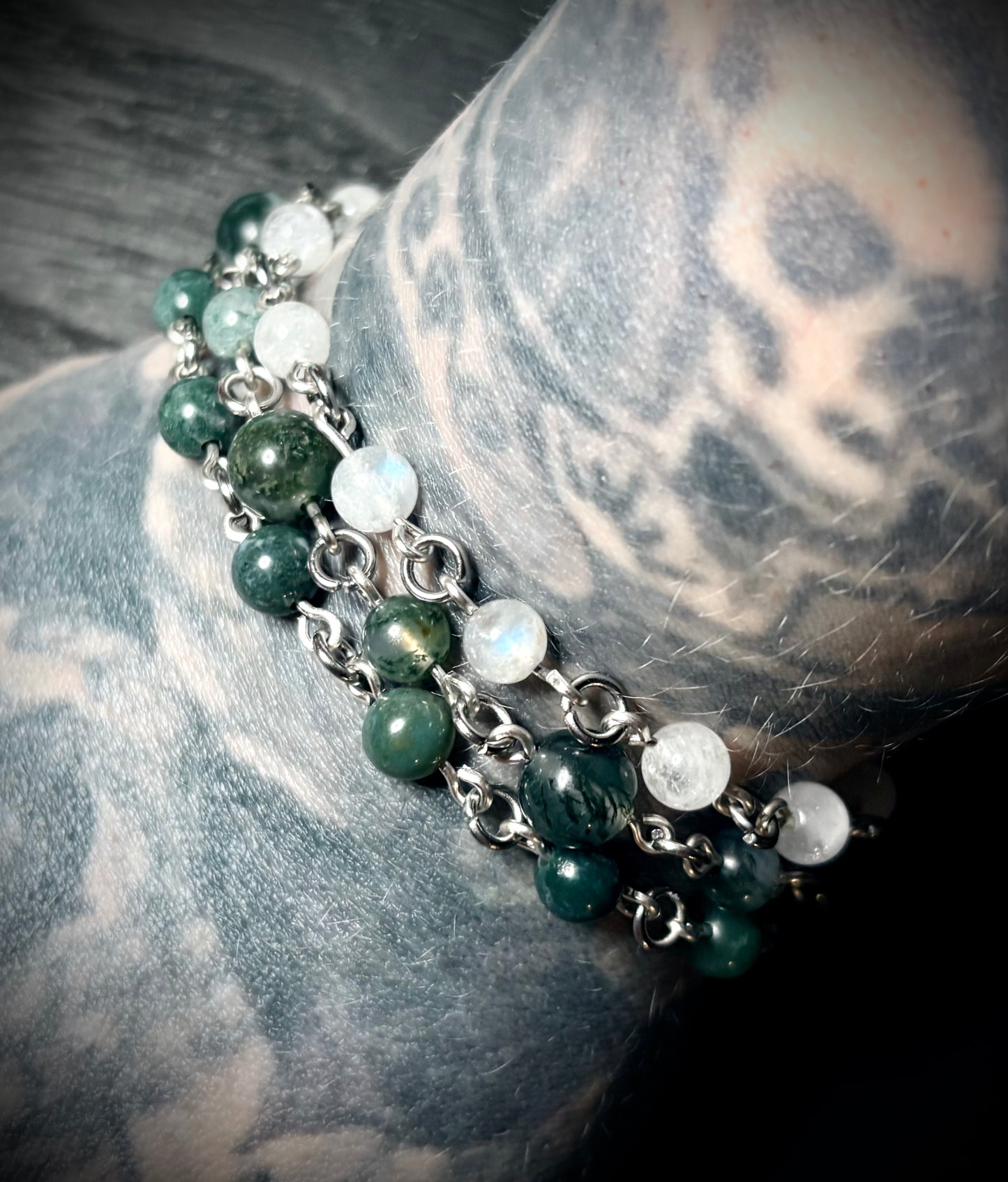 Moss Agate & Moonstone Trinity Bracelet