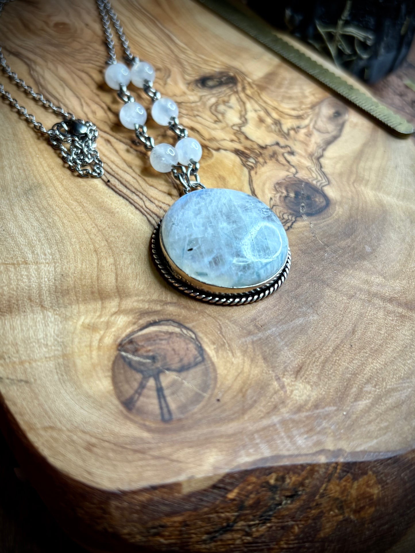 Large Round Rainbow Moonstone Necklace