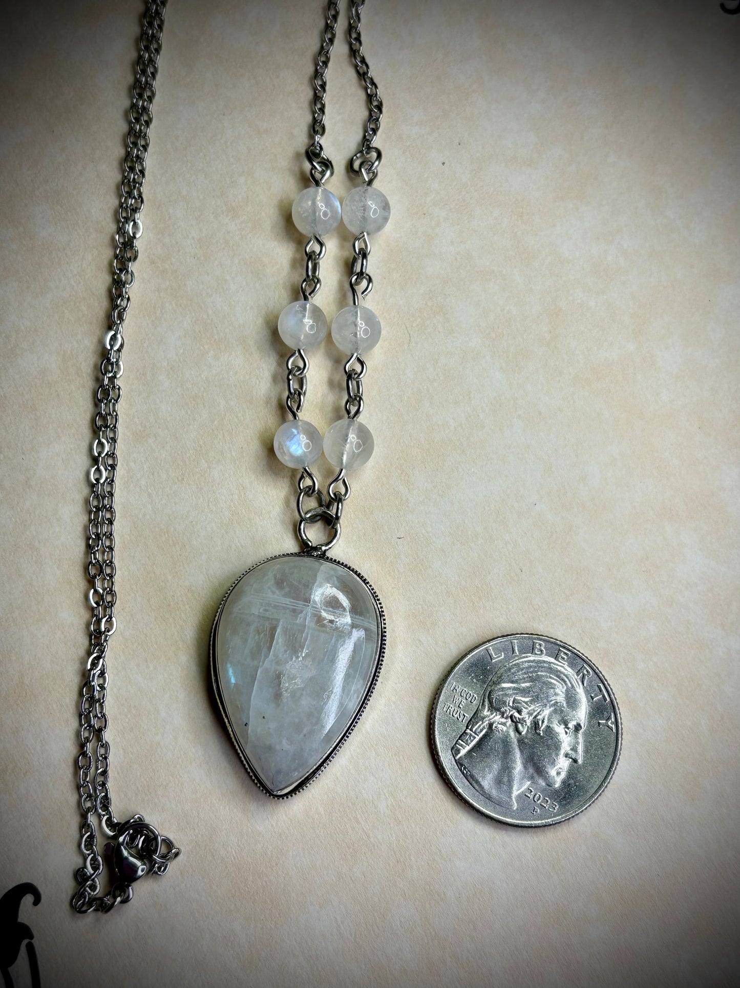 Inverted Teardrop Rainbow Moonstone Necklace 2