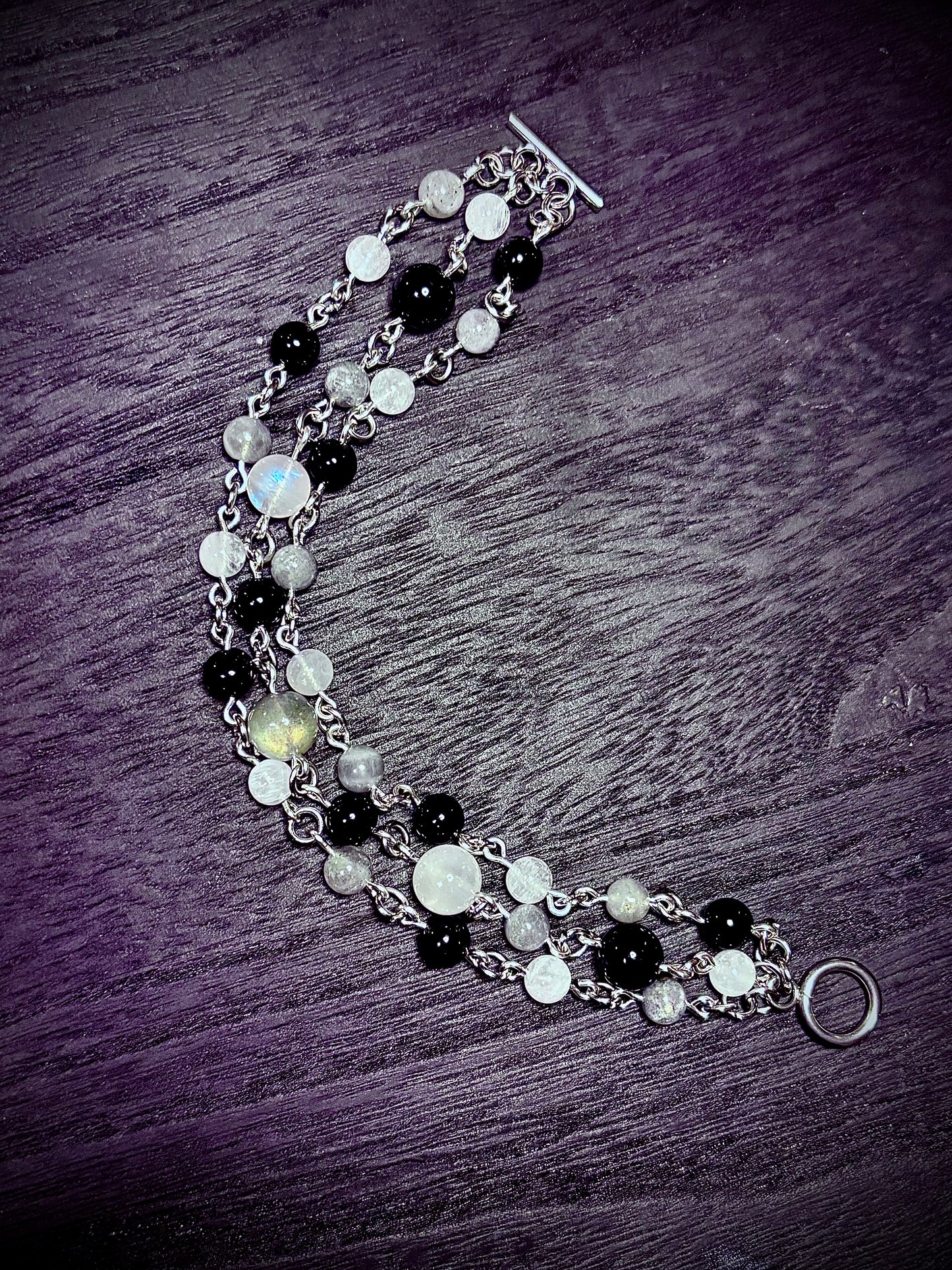 Black Obsidian, Labradorite & Moonstone Trinity Bracelet