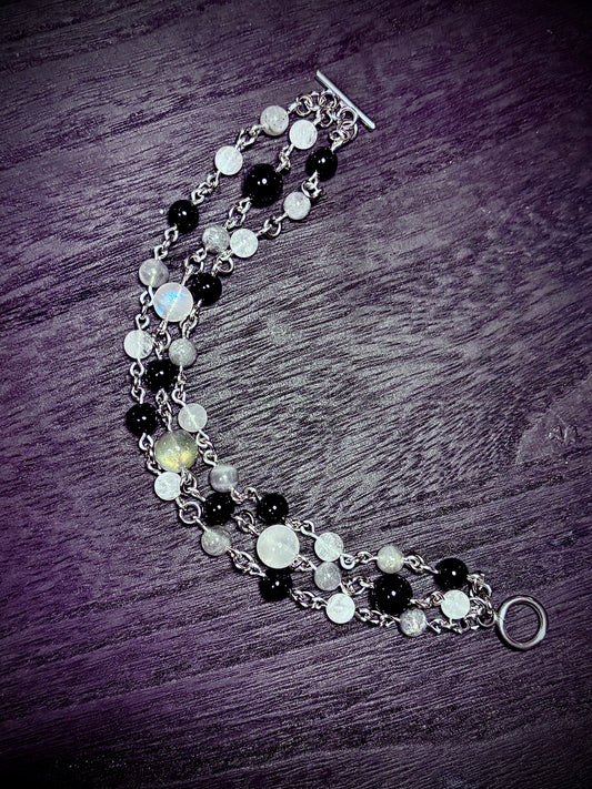 Black Obsidian, Labradorite & Moonstone Trinity Bracelet