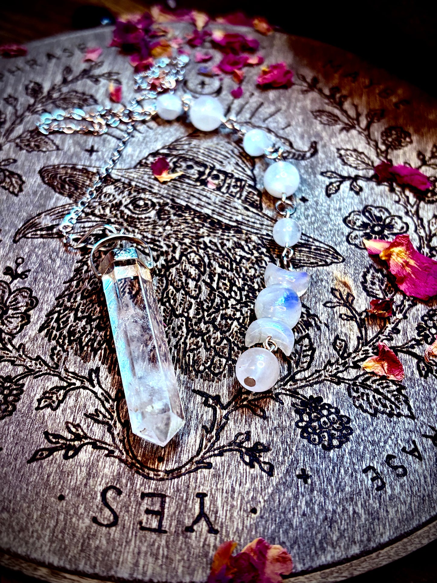 Triple Moon Rainbow Moonstone & Quartz Pendulum
