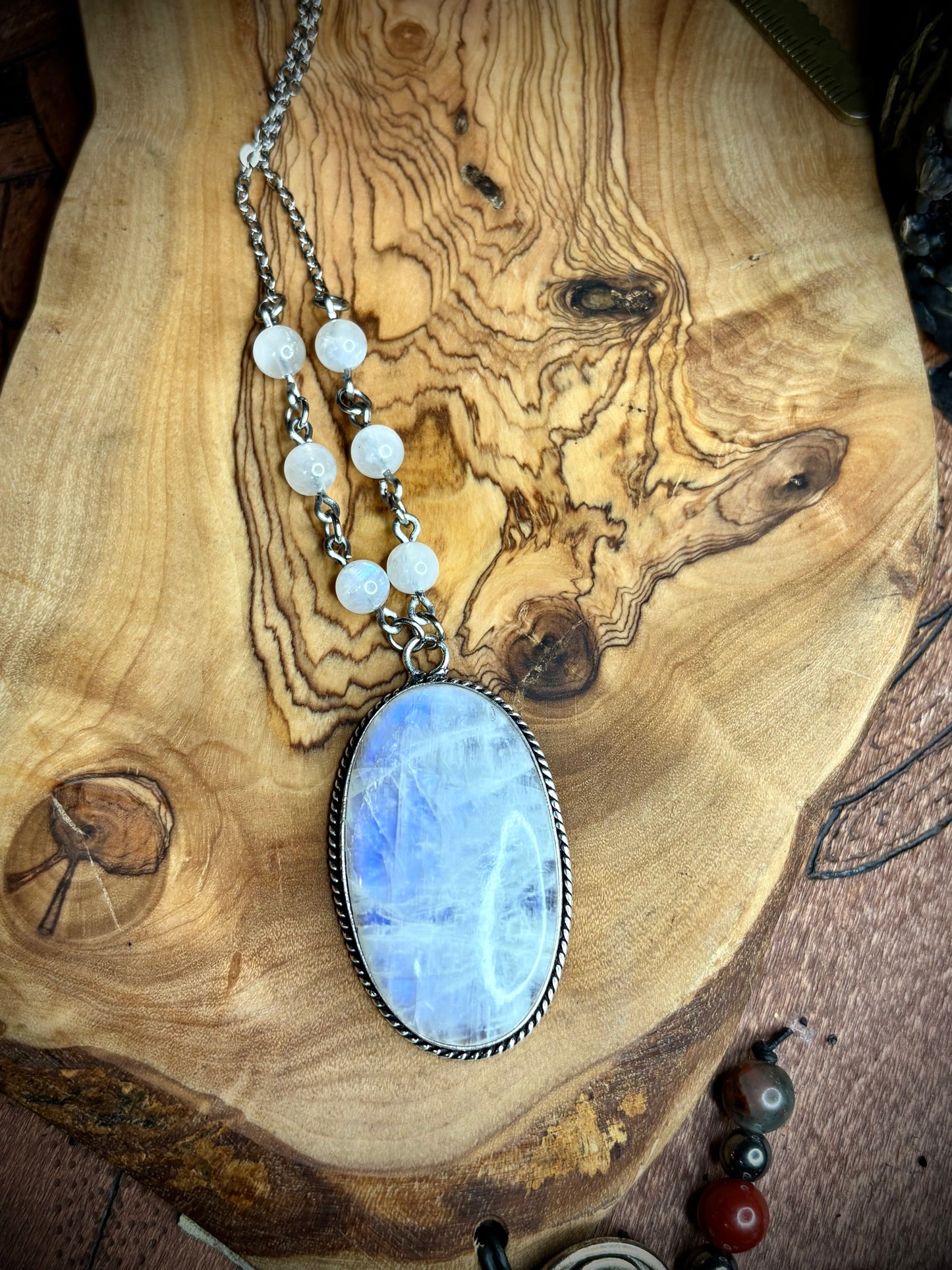 Elongated Oval Rainbow Moonstone Necklace