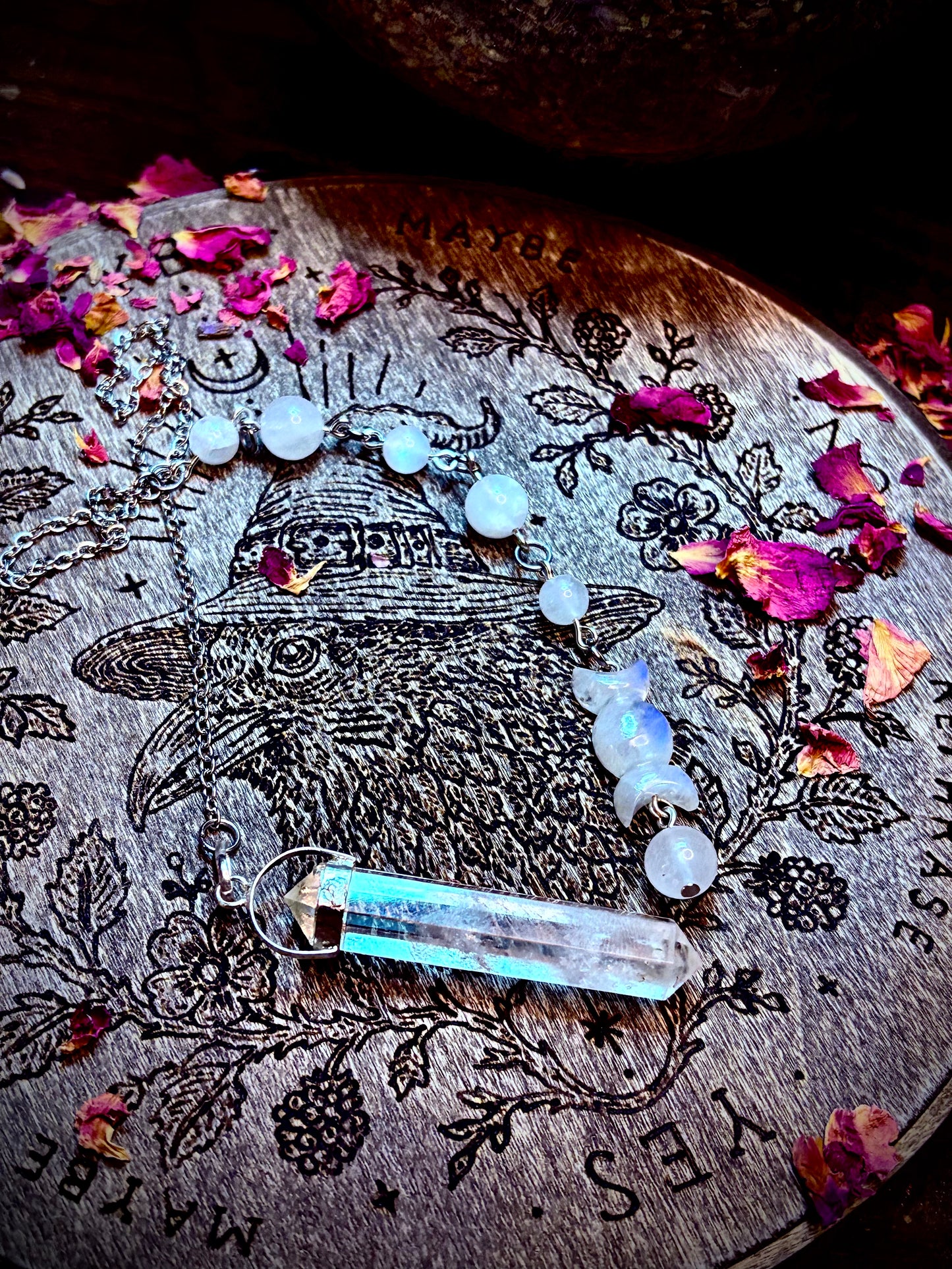 Triple Moon Rainbow Moonstone & Quartz Pendulum