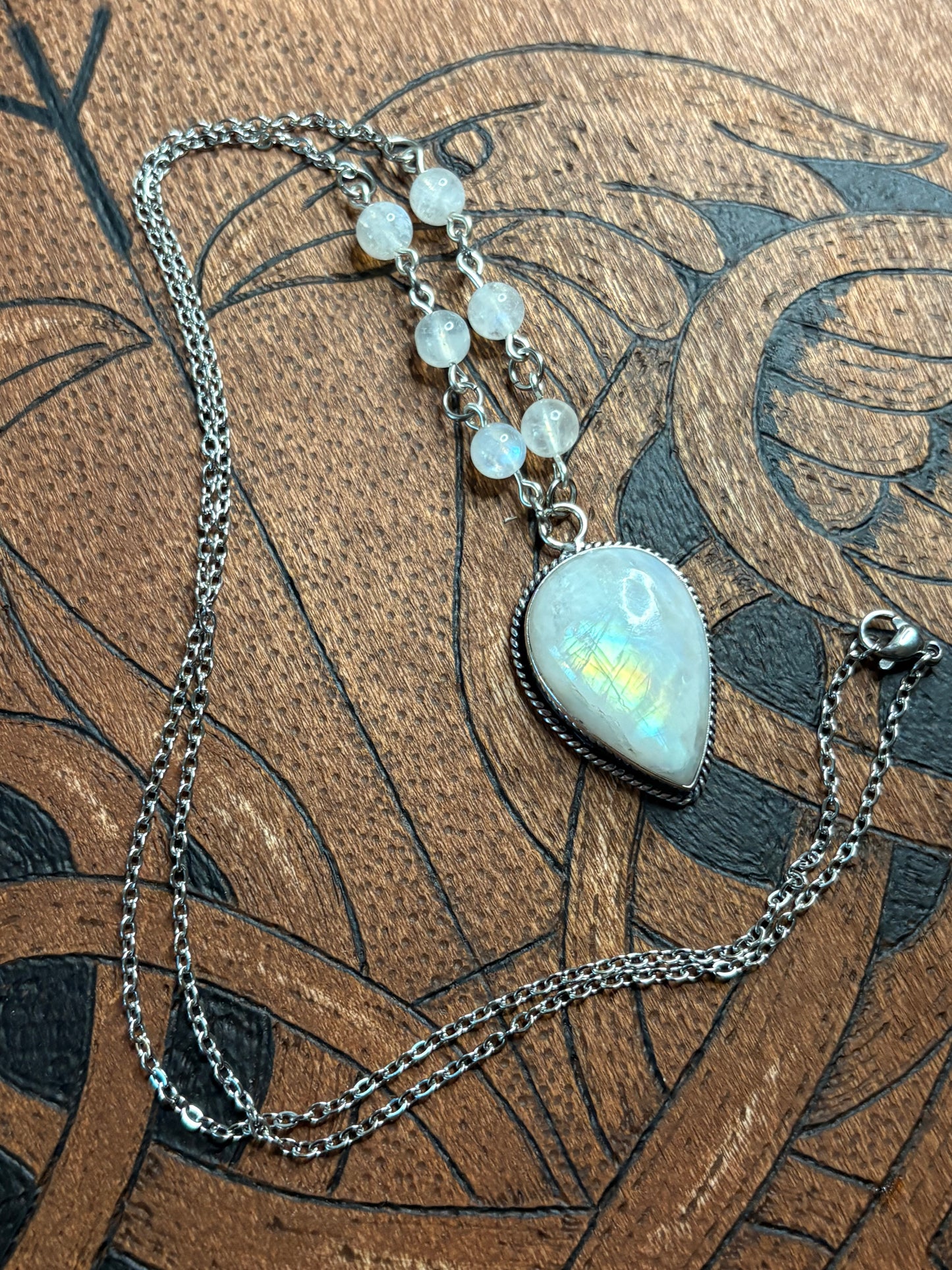 Inverted Teardrop Rainbow Moonstone Necklace