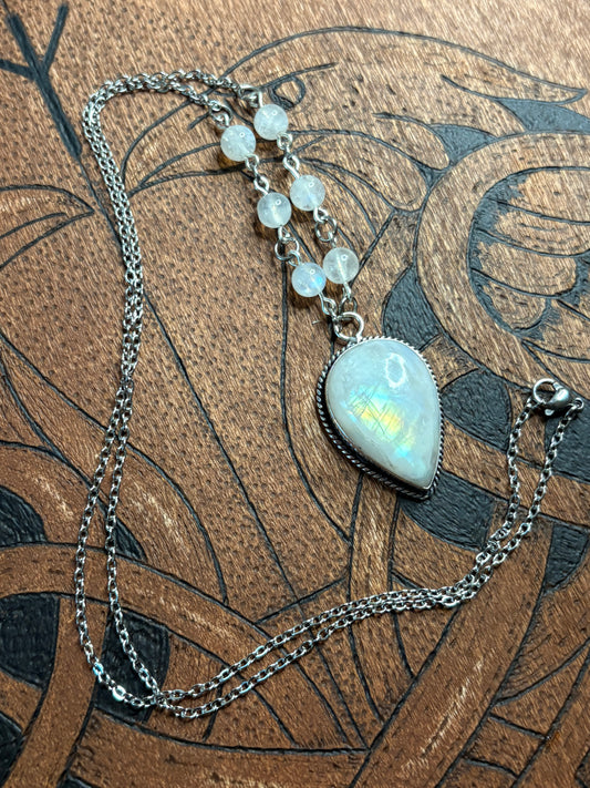 Inverted Teardrop Rainbow Moonstone Necklace