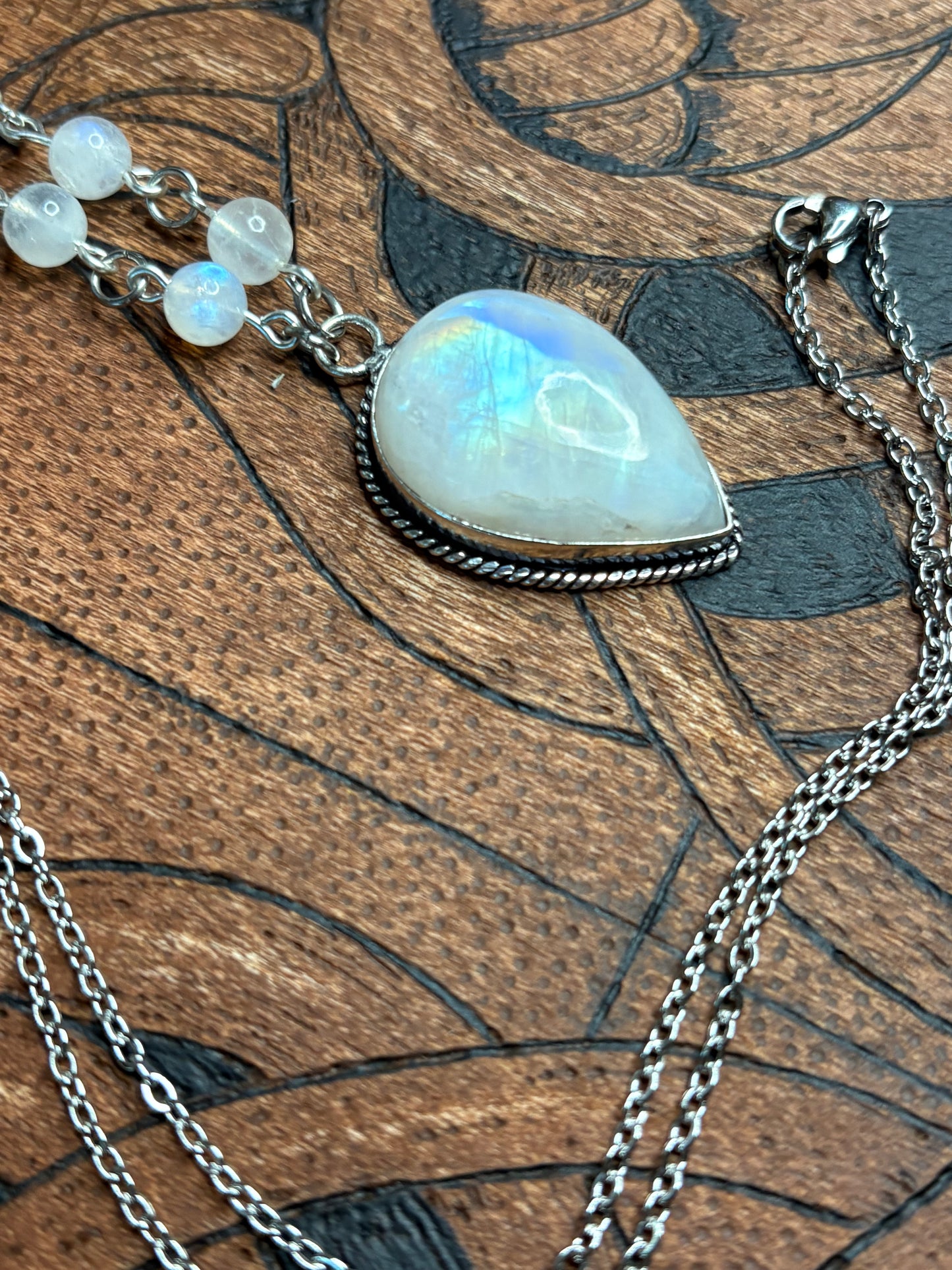 Inverted Teardrop Rainbow Moonstone Necklace